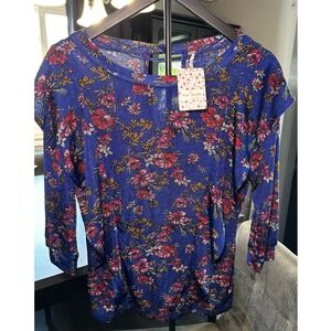 Free People XS Floral Print Long Sleeve Top Blue Combo Blouse Womens NWT